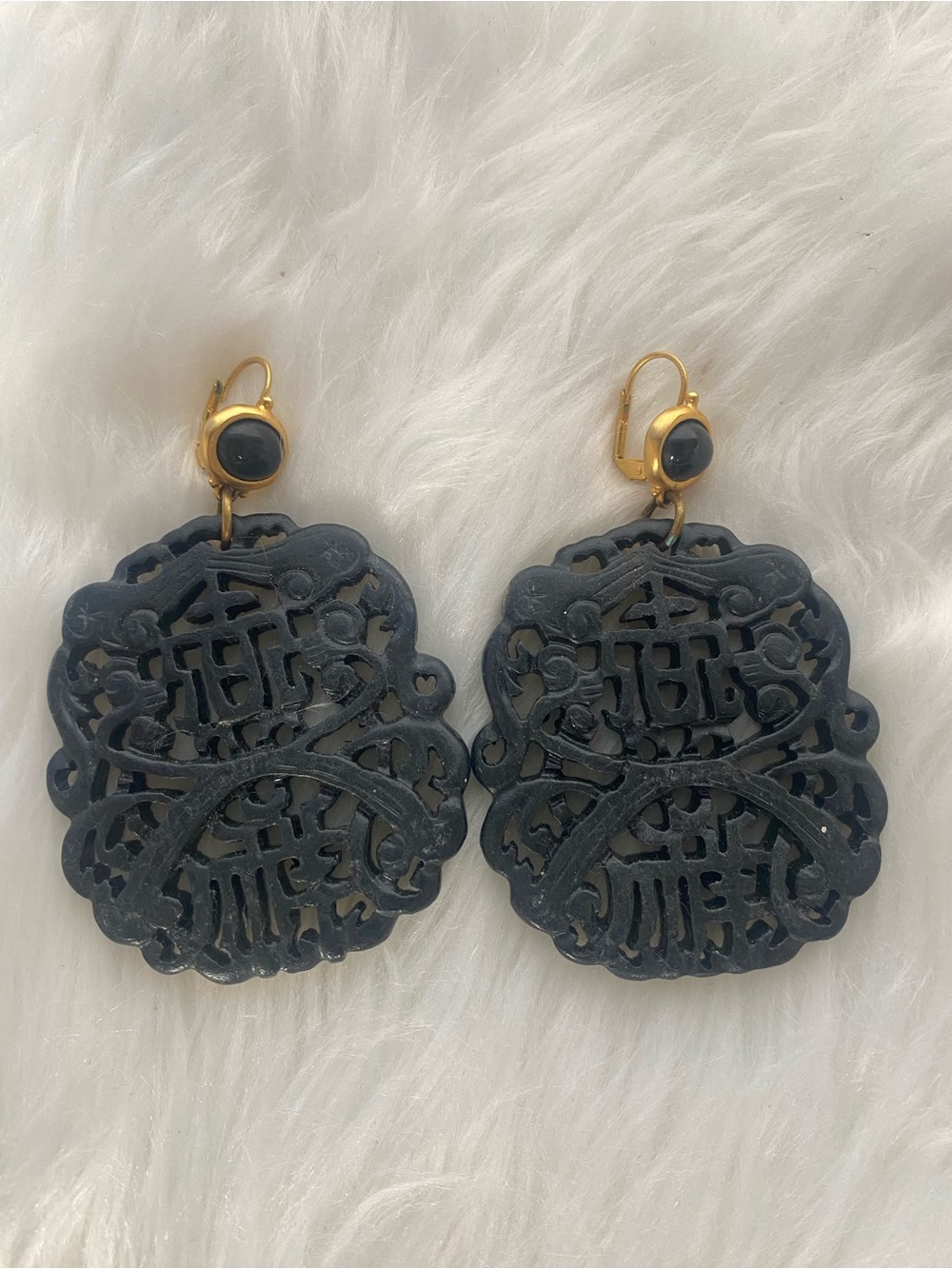 Kenneth Jay Lane Plated Resin Black Hand Carved Drop Wire Pierced Earrings